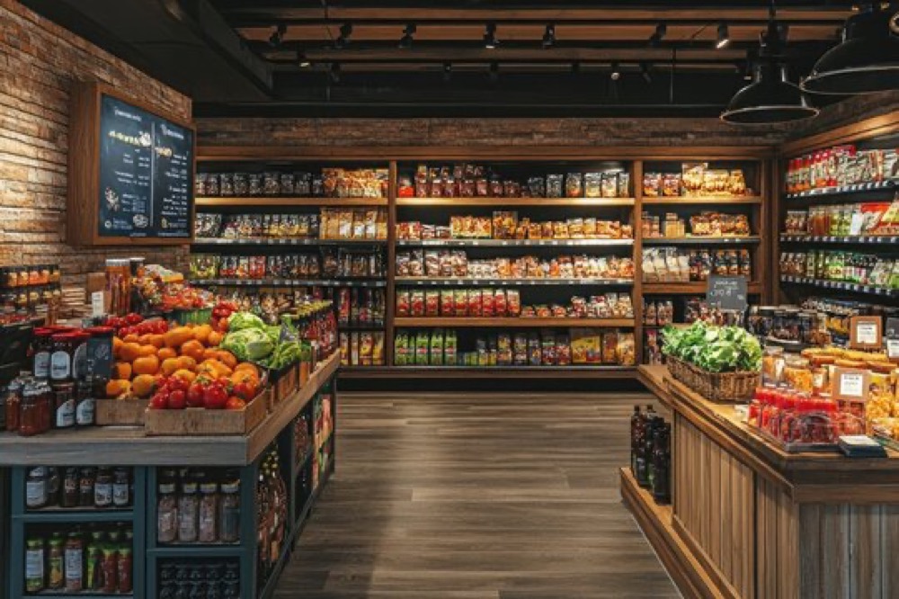 Торговый зал и кассовая зона продуктового магазина